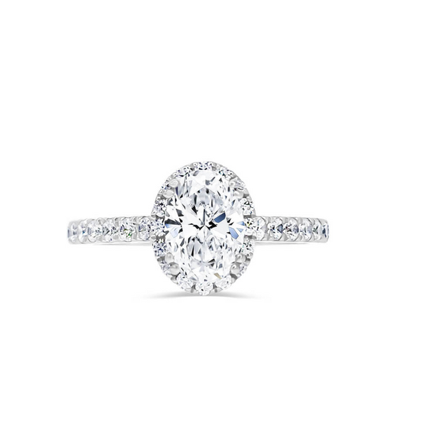 Deltora Diamonds Oval Halo with Pave Diamond Band Setting made with sustainable lab diamonds.
